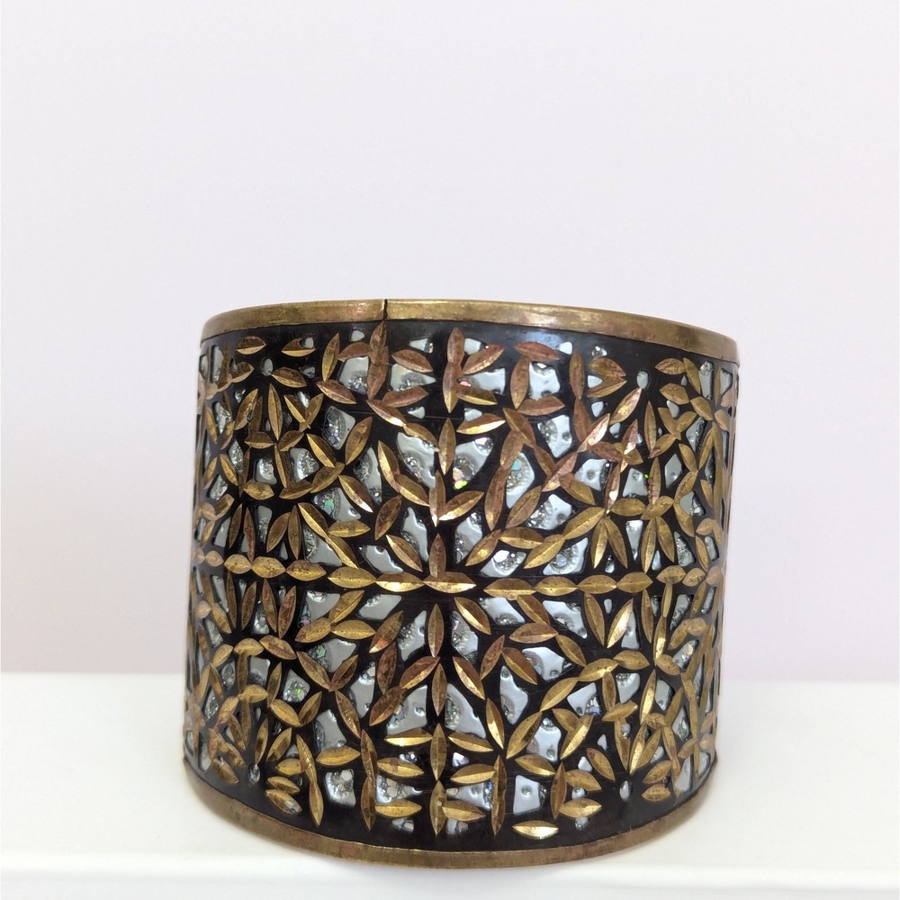 Brass Inlay Cuff Bracelet Metallic Silver Tone Etched Cutout Detail Boho India - Picture 7 of 13